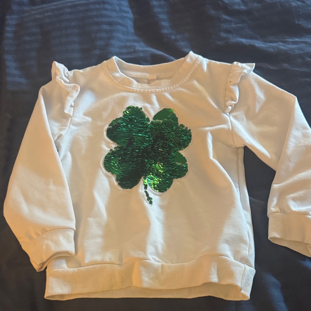 Kids White Sweatshirt with Green Sequin Shamrock